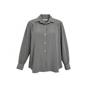 Vintage Adolph Schuman Womens L Black White Pinstripe Button Up Satin Blouse Top